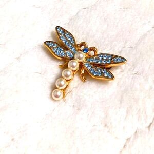 Vintage 80's Swarovski Blue Crystals and Faux Pearl Dragonfly Brooche